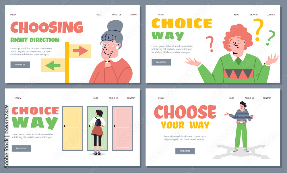 Web banners with people trying to make right choice, flat vector illustration.