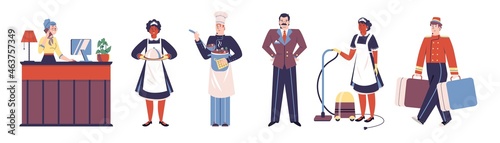 Hotel and hostel services staff flat cartoon vector illustration isolated.