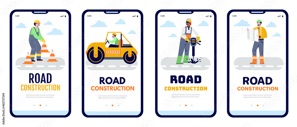 Set of onboarding boards with flat illustration of workers and text ...