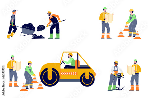 Set of road construction workers with road roller in flat vector illustration