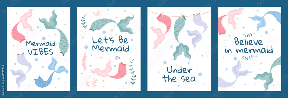 Set of poster or card templates with mermaid tails in flat cartoon illustration