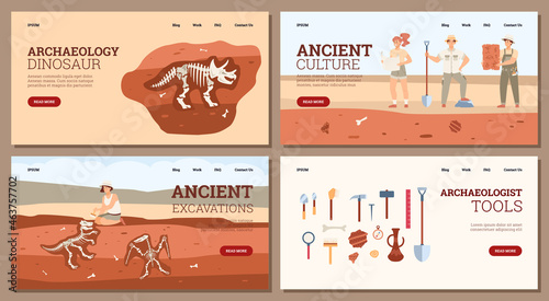 Set of poster or banner templates with archaeological concept in flat cartoon