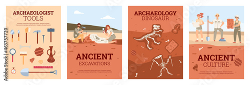 Set of vector posters on theme archeology and archaeological excavations.