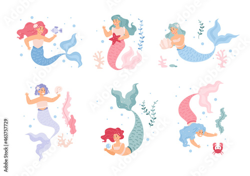 Mermaids playing with sea dwellers and fishes  flat vector illustration isolated.