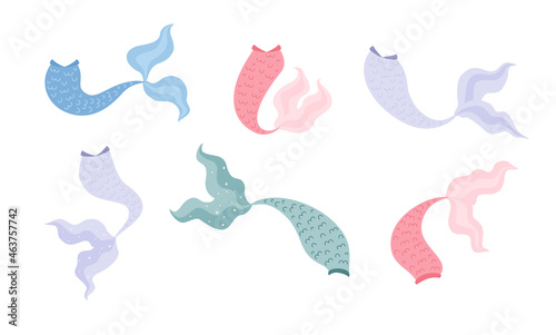 Set of colored mermaid tails in cartoon flat style vector illustration