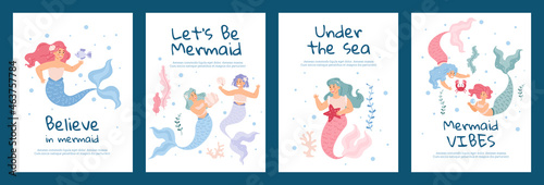 Posters set with mermaids and motivational phrases, flat vector illustration.