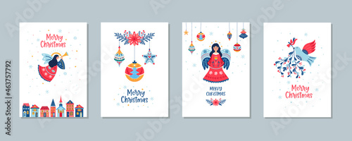 Christmas cards vector set of angel balls mistletoe