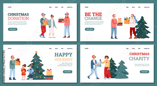 Set of banners with volunteers characters collect christmas donations for gifts