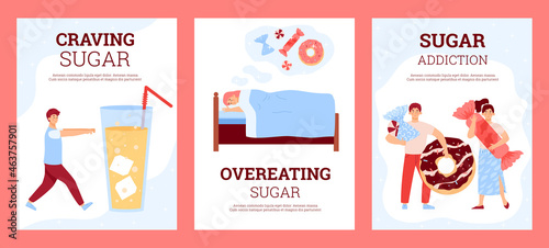 Set of poster templates with concept of sugar addiction, problem unhealthy food