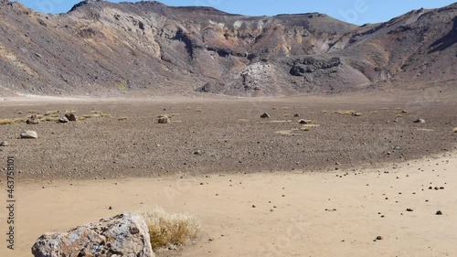 Pan across rugged volcanic ash landscape in Tongariro National Park photo