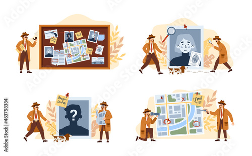 Male private detective solving crime and search criminals a vector illustrations photo