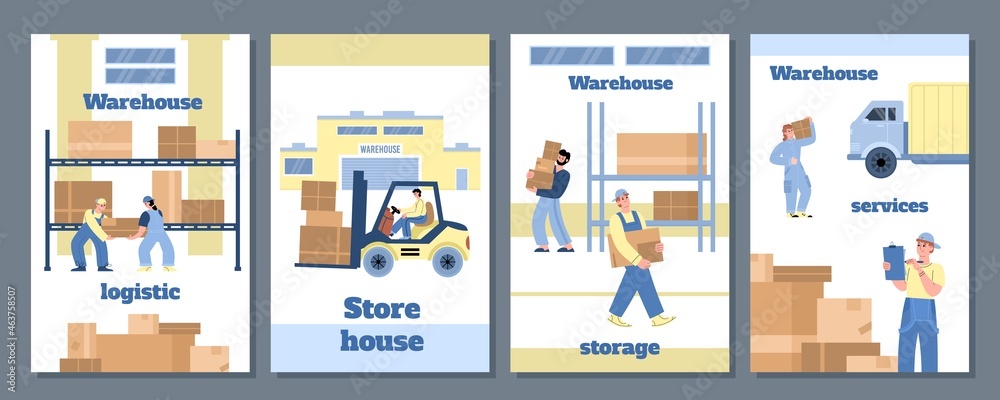 Set of templates for posters, banners of warehouse work in flat vector illustration Set of templates for posters, banners of warehouse work in flat vector illustration