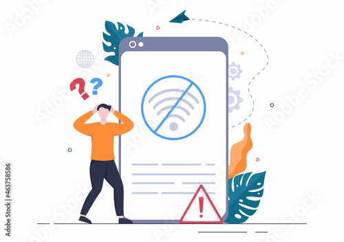 Lost Wireless Connection or Disconnected Cable, No Wifi Signal Internet, Page Not Found on Display Smartphone Screen. Background Vector Illustration