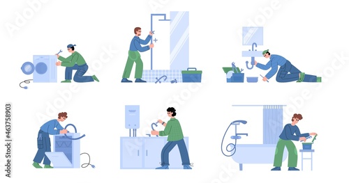 Plumbing set with various male characters plumbers repairing problems
