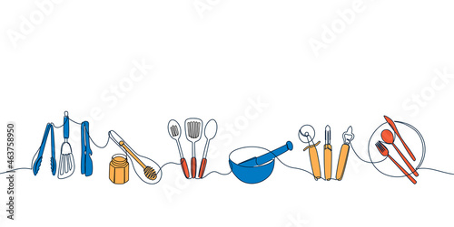 Line cooking cutlery. Hand drawn plate knife dish and bowl graphic elements, continuous line doodle cooking utensils. Vector colored line set