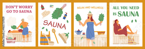 Vector posters with accessories for relaxation in banya and people enjoying sauna