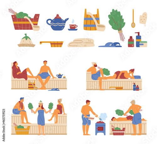 Vector illustrations with people relax in hot sauna and accessories steam banya.