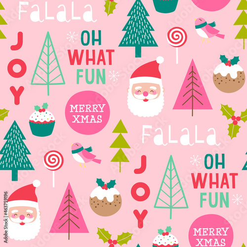 Cute cartoon character  pine trees and christmas elements seamless pattern on pink background.