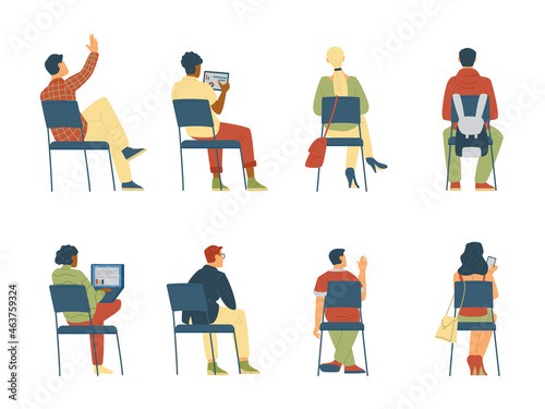 Set of people sitting on chairs with their backs, female and male characters