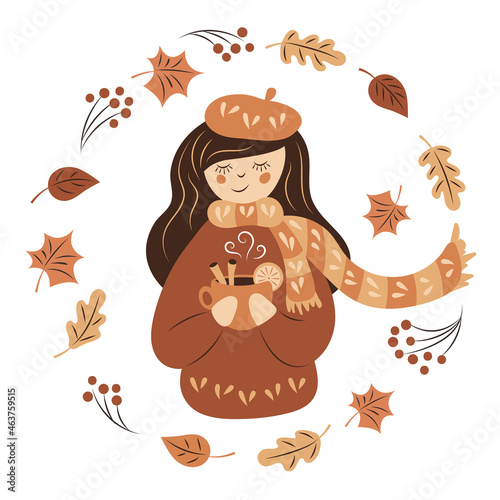 The girl drinks a hot aromatic drink. Autumn mood. Hugge. Hand drawing cute character. The isolated image on a white background.