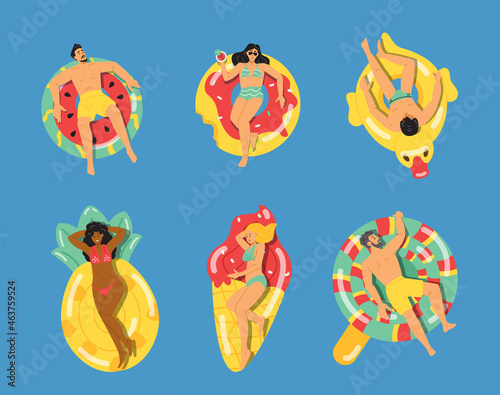 Collection of male, female cartoon characters relaxing on air mattresses in bikini