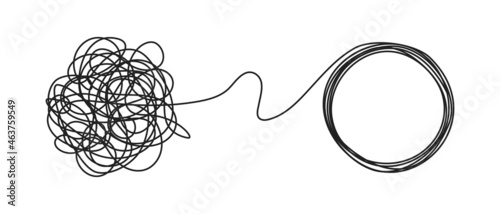 Chaos and order business concept flat style design vector illustration isolated on white background. Tangled disorder turns into circle order line, find solution. Coaching, mentoring or psychotherapy.