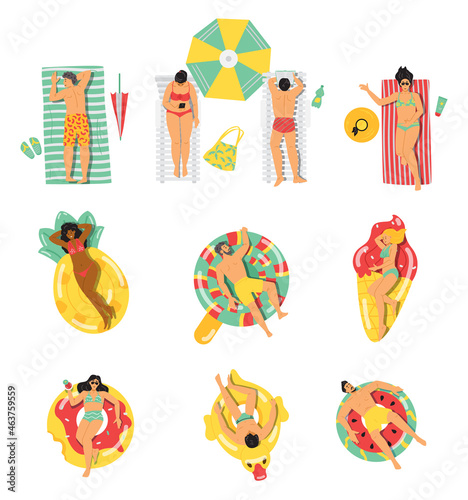 Collection of male, female cartoon characters relaxing on air mattresses, loungers