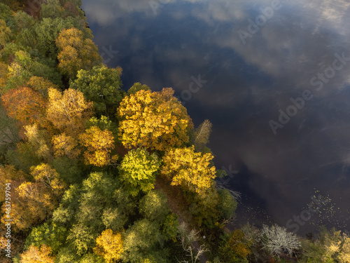 Drone nature photography taken from above in Sweden in fall time. Bird's eye view of a lake with trees in autumn colors. Water surface background with copy space.