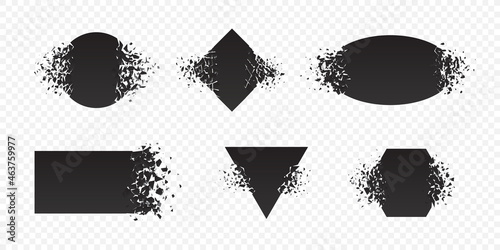 Shape explosion broken and shattered flat style design vector illustration set isolated on transparent background. Rhombus, circle, triangle, pentagon, rectangle shape grayscale exploding demolition.