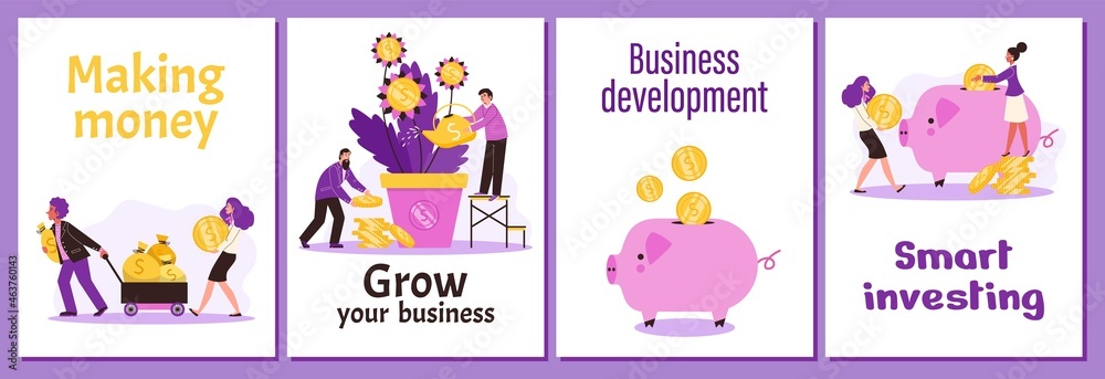 Financial poster template set with male, female characters making money