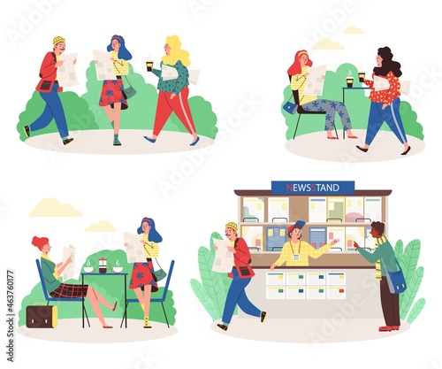 People buy press in newsstand and read business news or articles in newspapers