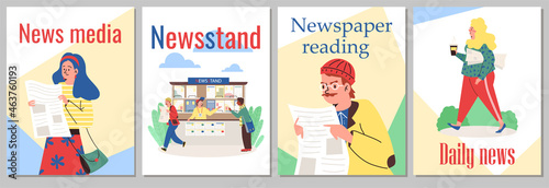 Daily news posters with people buying newspapers in newsstand and reading press.