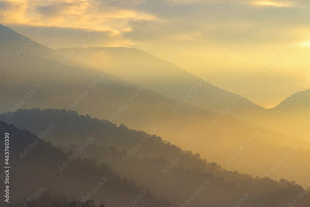 morning view on the mountain range in yellow