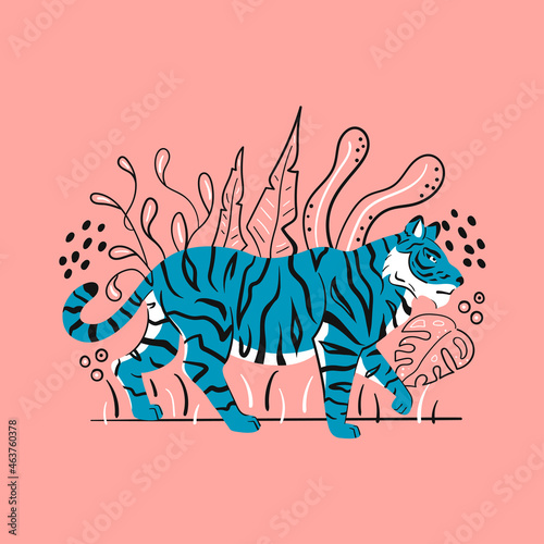 Abstract blue tiger in tropical foliage. The symbol of the new year 2022. Hand-drawn illustration in a flat style  doodle  outline. Design for poster  print  postcards  logo  tattoo. Vector.