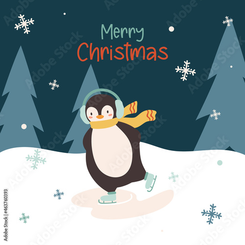 Christmas Cute Little Penguin is skating. Vector illustration in flat style