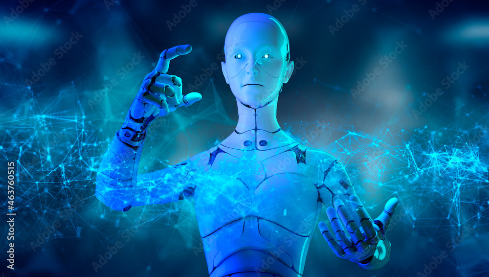 Metaverse digital smart world,3D robot in augmented reality and virtual reality digital cyber space environments, online games, social media, internet online beyond universe.