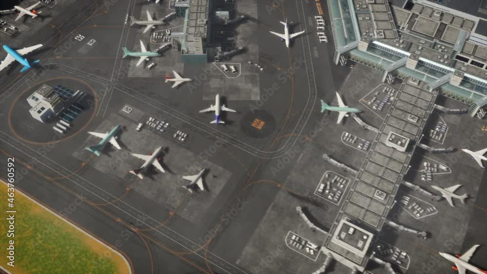 Aerial View of a 3D Commercial Airport Render with Parked Planes, Passenger Terminals, Runway and Service Machinery. Top Down View of Modern VFX Aircrafts in International Travel Logistics Chain.