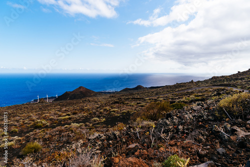 Mountain of Lagi, a volcano cinder cone in the Island of La Palma, one of the Canary Islands, in the Cumbre Vieja volcano area near Teneguia volcano. Windmill farm
