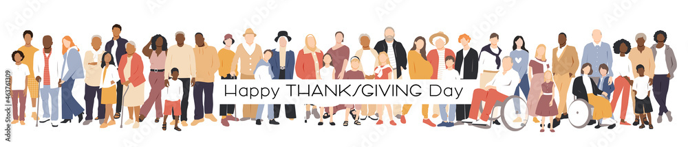 Happy Thanksgiving Day card. Multicultural group of families. Flat vector illustration.