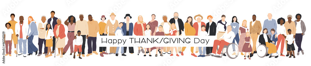 Happy Thanksgiving Day card. Multicultural group of families. Flat vector illustration. Happy Thanksgiving Day card. Multicultural group of families. Flat vector illustration.