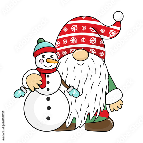 Christmas dwarf with a snowman, Cute cheerful gnome