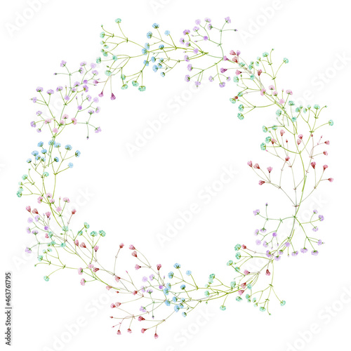 A delicate wreath of gypsophila flowers of different colors. Watercolor illustration.