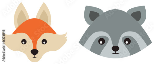 Cute vector animal face icon of an orange fox and raccoon.
