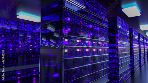 Server. Server room data center. Backup, mining, hosting, mainframe, farm and computer rack with storage information. 3d render