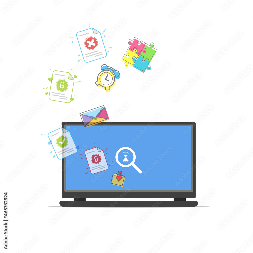 Vector illustration concept of modernization education, work, and information. Laptop with many colorful icon, clock, puzzle piece, folder, document, and mail. Vector illustration concept of modernization education, work, and information. Laptop with many colorful icon, clock, puzzle piece, folder, document, and mail.