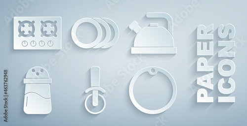Set Pizza knife, Kettle with handle, Salt, Cutting board, Plate and Gas stove icon. Vector