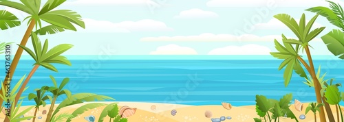 Sea beach. Summer seascape. Far away is the ocean horizon. Calm weather. Seashells and palm trees. Flat style illustration. Vector.