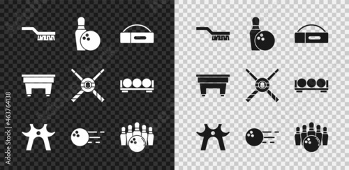 Set Pool table brush, Bowling pin and ball, Case for billiard cue, Billiard rest, and Crossed cues icon. Vector