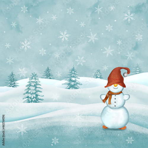Funny snowman, snowflakes, pine trees and snow hills illustration. Watercolor Christmas and New Year winter greeting background © Lia