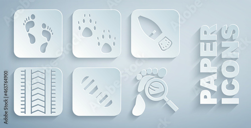 Set Human footprints shoes, Tire track, Magnifying glass with footsteps, Paw and icon. Vector